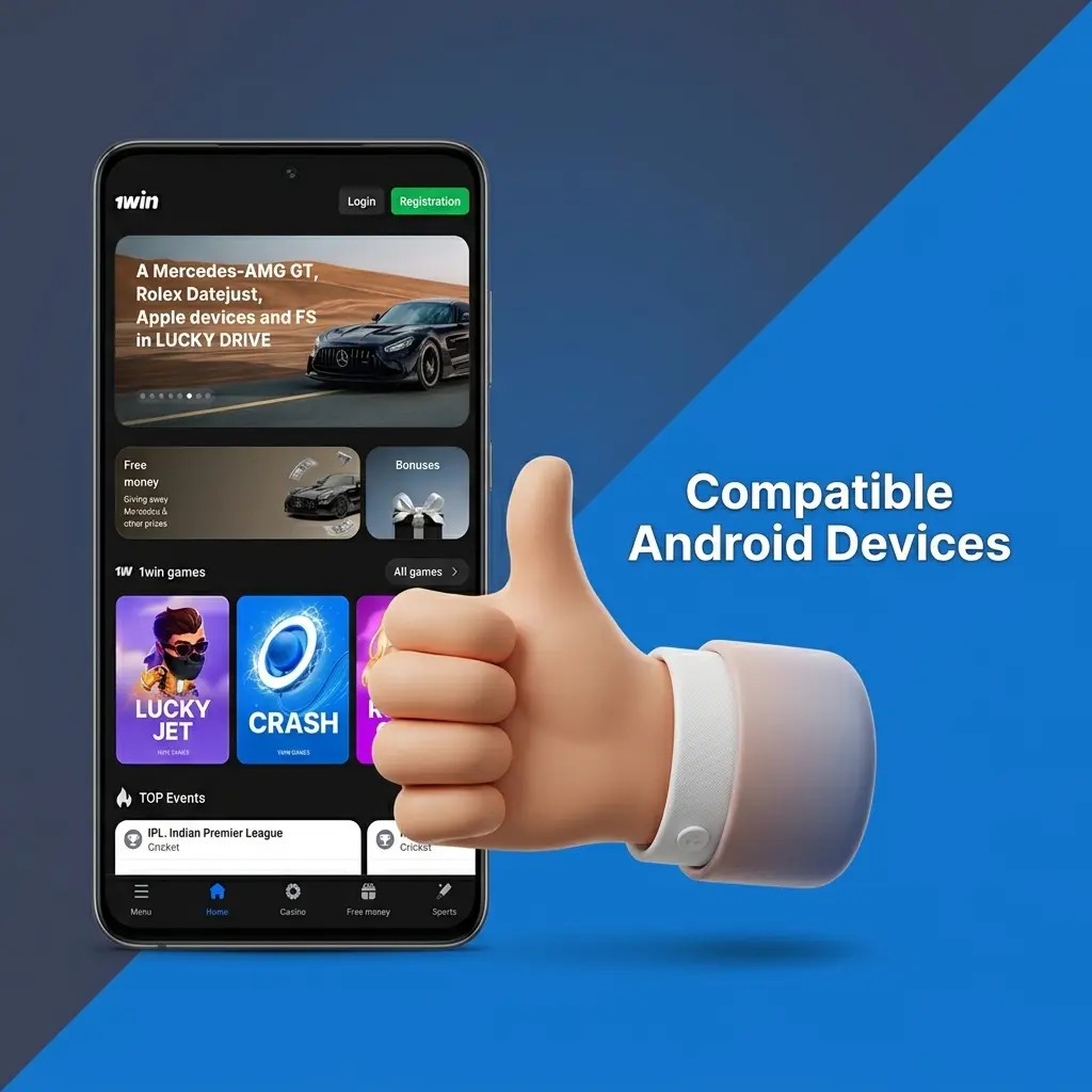 Compatible Android devices for 1win app including Samsung, Redmi, OnePlus, Realme, POCO, Vivo, Oppo, and iQOO models