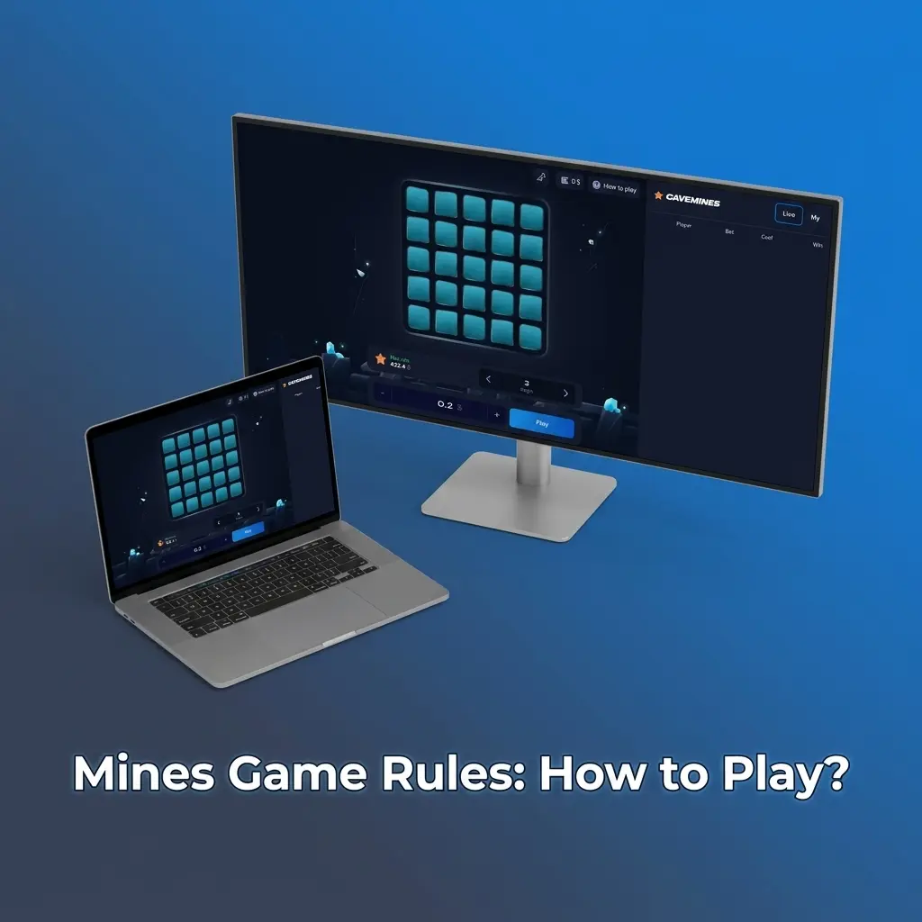 Mines game on a 5x5 grid showing tiles, mines, and multipliers explaining how to play and cash out winnings