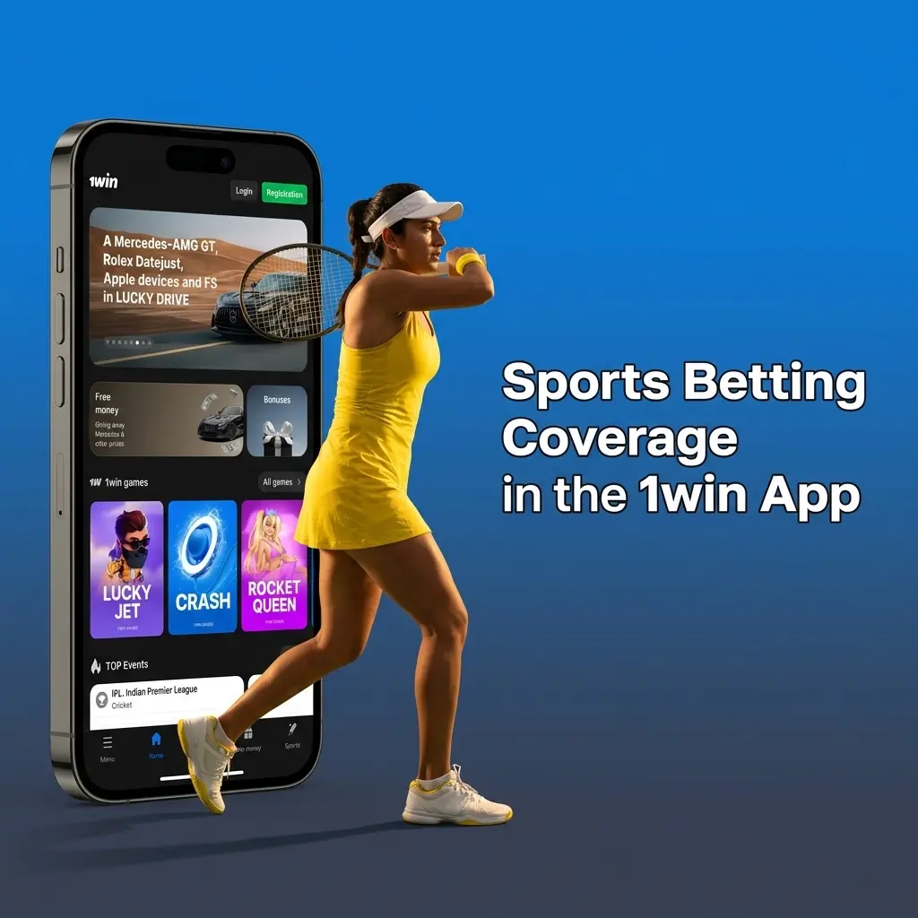 1win betting app sports coverage showing cricket, football, kabaddi and eSports options in LIVE and LINE modes