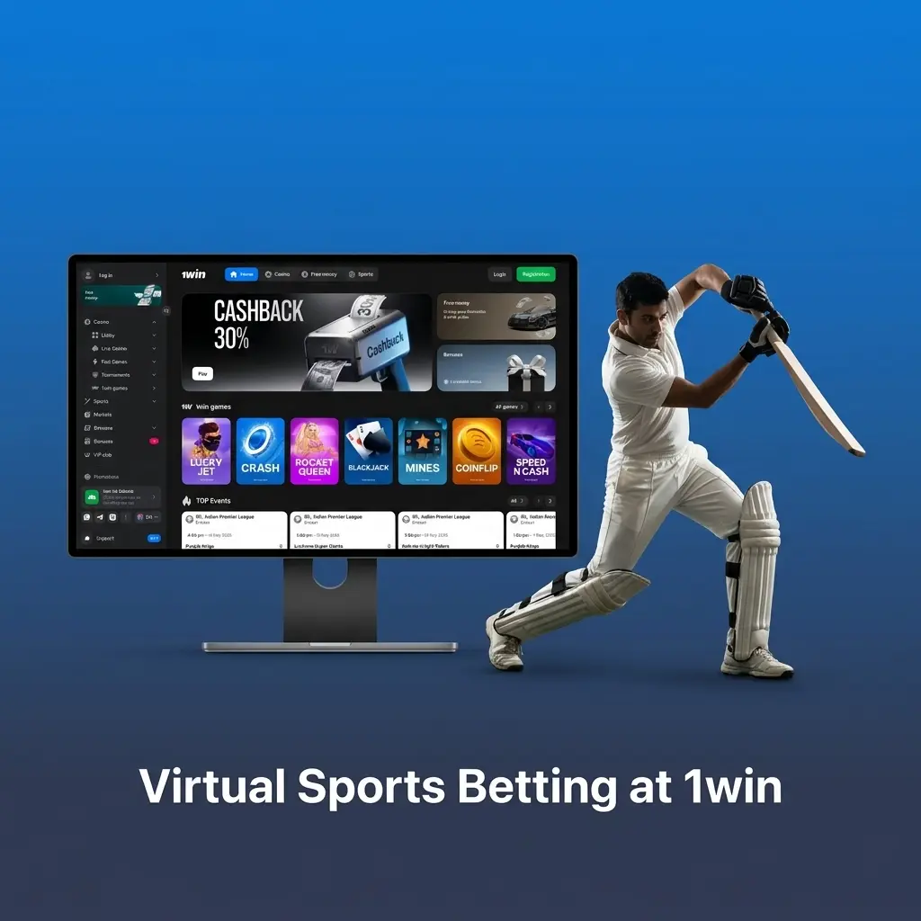 Virtual sports betting at 1win showing cricket, football, horse racing and basketball simulations for India players